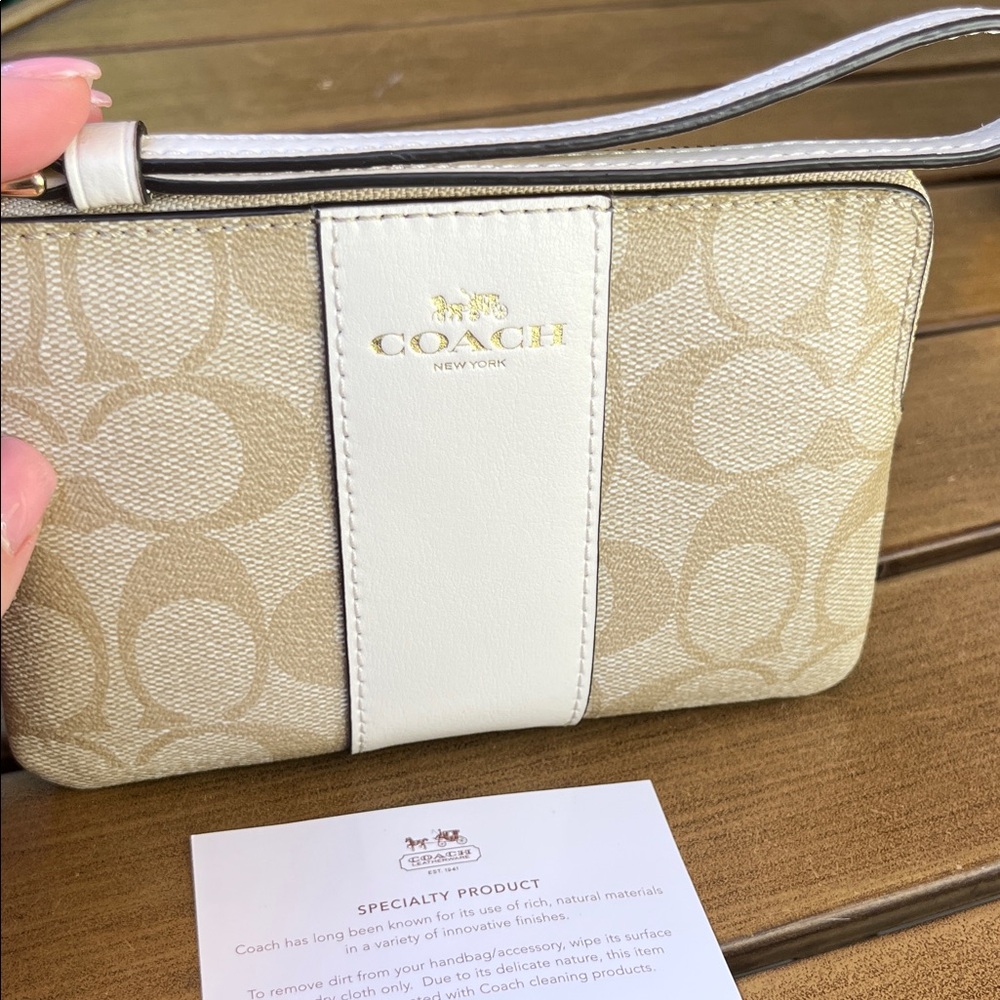 Coach Beige Signature Canvas Wristlet with White Leather Trim - Picture 2 of 11